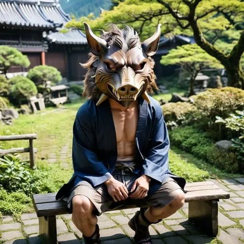 "The character Inosuke Hashibira from 'Demon Slayer,' wearing a boar head mask, sits on a bench with his back to the camera. The boar head is turned to the right, with Inosuke glancing sideways at the