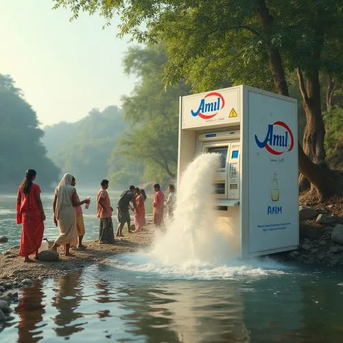 Picture a massive ATM machine placed on the bank of a serene river, proudly branded with the iconic Amul Milk logo. Instead of cash, rich, creamy Amul milk flows out, filling the river with its nouris