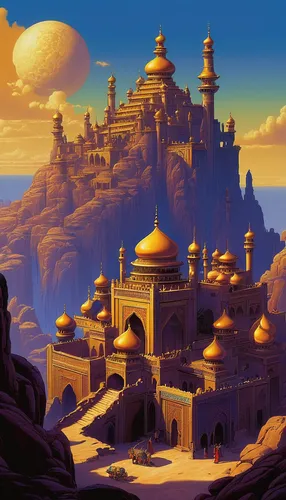 ancient city,aladdin,rem in arabian nights,arabic background,aladha,riad,mosques,orientalism,gold castle,aladin,world digital painting,fantasy city,islamic architectural,roof domes,fantasy landscape,pink city,arabia,minarets,fantasy world,ancient civilization,Conceptual Art,Sci-Fi,Sci-Fi 21