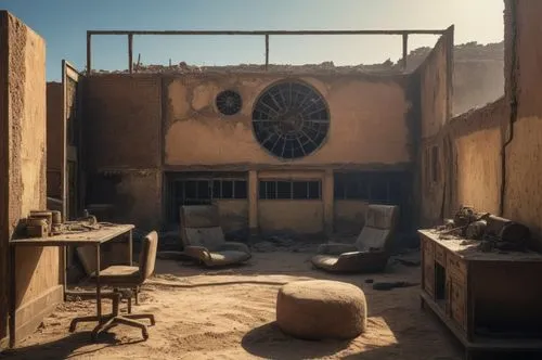 mad max style
sand in the ground 
engine,an abandoned house with a very small window and no curtains,humberstone,harran,abandoned places,caravansary,movie set,casbah,Photography,General,Natural