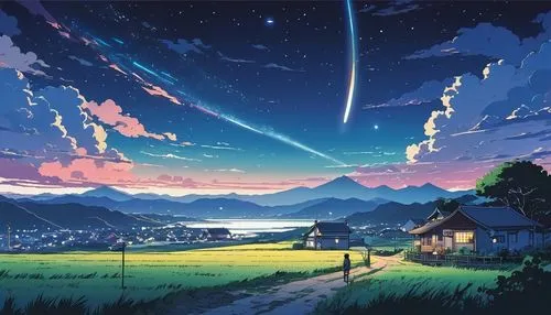 studio ghibli,tobacco the last starry sky,starry sky,meteor,the night sky,earth rise,star sky,shooting star,shooting stars,space art,falling stars,night sky,evening atmosphere,meteor shower,starlight,astronomy,falling star,perseids,dream world,night scene,Illustration,Japanese style,Japanese Style 06