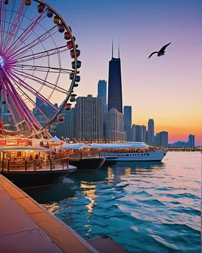 Chicago, Navy Pier, Lake Michigan, evening time, warm sunset light, modern architecture, Ferris wheel, vibrant cityscape, boat ride, speedboat, thrill ride, joyful screams, splashing water, waves, sea