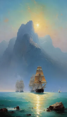 Gibraltar. Painting by Ivan Aivazovsky.,sailing ships,sea sailing ship,sail ship,sailing ship,three masted sailing ship,east indiaman,landscape with sea,sea landscape,coastal landscape,full-rigged shi