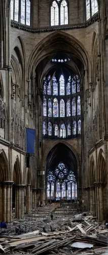 This general view shows debris inside the Notre-Dame-de Paris Cathedral in Paris on April 16, 2019, a day after a fire that devastated the building in the centre of the French capital. - Pledges from 