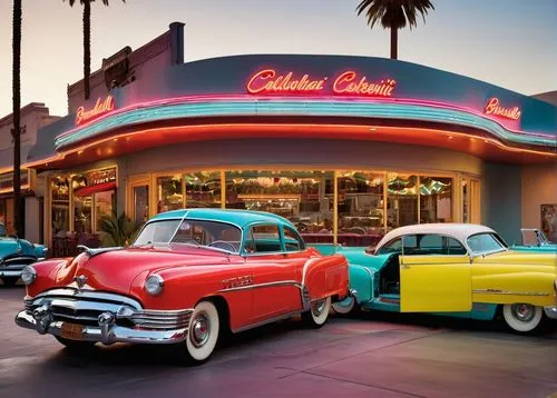 1950s style diner, retro-futuristic, curved lines, neon lights, chrome accents, bold colors, checkered floors, vintage posters, jukebox, soda fountain, nostalgic ambiance, warm lighting, evening scene