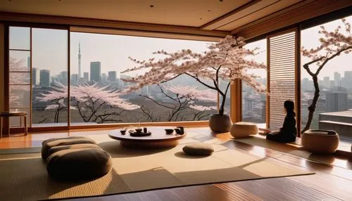 Modern Japanese living room, minimalist decor, low seating, Tatami mats, Shoji screens, paper lanterns, wooden accents, sliding doors, natural light pouring in, subtle shadows, warm beige walls, tradi