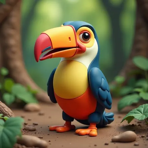 A cartoon sticker of a "TOUCAN" looking at the camera a close-up view highlighting its eyes, a simple wooded background emphasizing its figure, the atmosphere is wild yet inviting, Illustration, 3D DI