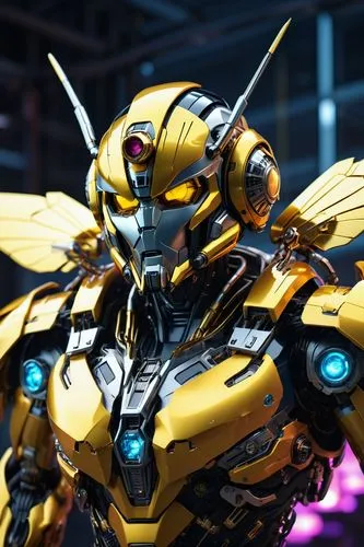 Space bumblebee with wings receiving its bachelor degree as electrical engineer., intricate mech details, iridized yellow chrome and crystal glass, combat version equipped with laser weapons, ground l