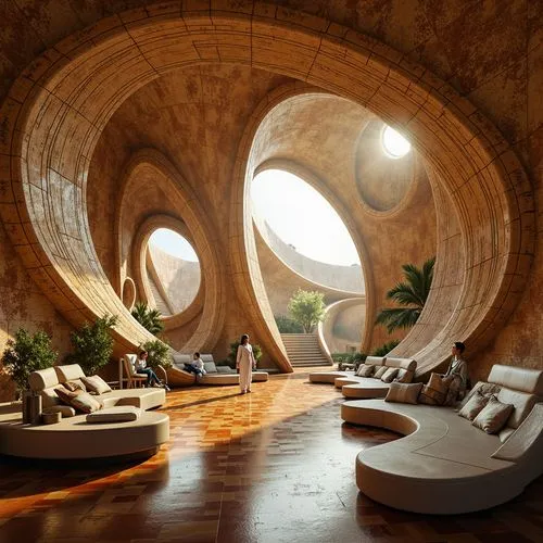 earthship,futuristic architecture,superadobe,futuristic landscape,spaceship interior,lounges,living room,arcosanti,masdar,dunes house,ufo interior,interior design,ecotopia,3d rendering,futuristic art museum,hotel lobby,chaise lounge,amanresorts,arches,mahdavi