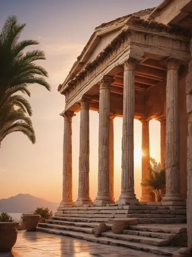 Ancient Greek temple, portico architecture, grand entrance, Doric columns, stone pillars, ornate carvings, intricate frieze, triangular pediment, statues of gods, marble flooring, warm sunset light, M