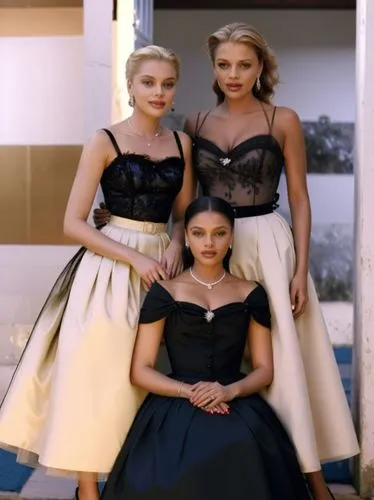 Grace Kelly, Aishwarya Rai and Scarlett Johansson in the Country.,three young women wearing dresses are posing for the camera,serebro,quinceanera dresses,tahiliani,quinceaneras,ballgowns,porcelain dol