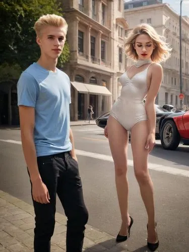 Two young people of mixed gender but both blond, English. Him a little taller than her.,two men and woman standing on a city street,jortzig,transadelaide,blonska,minogue,zlata,sandmann