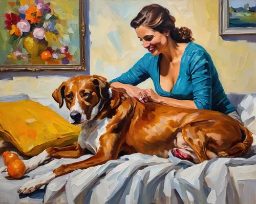 girl with dog,oil painting,plott hound,rhodesian ridgeback,oil painting on canvas,companion dog,woman on bed,bruno jura hound,romantic portrait,vizla,painting technique,great dane,art painting,doberman,english mastiff,domestic animal,hanover hound,vizsla,oil on canvas,italian painter,Conceptual Art,Oil color,Oil Color 22