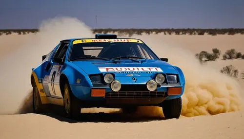 Renault Alpine A310, B-group rally car, location in the desert on a sand dune, noon time, hot and burning sun,dakar rally,delecour,rallying,rallye,rally,mcrae,bouffier,argentina desert,elfyn,walkinsha