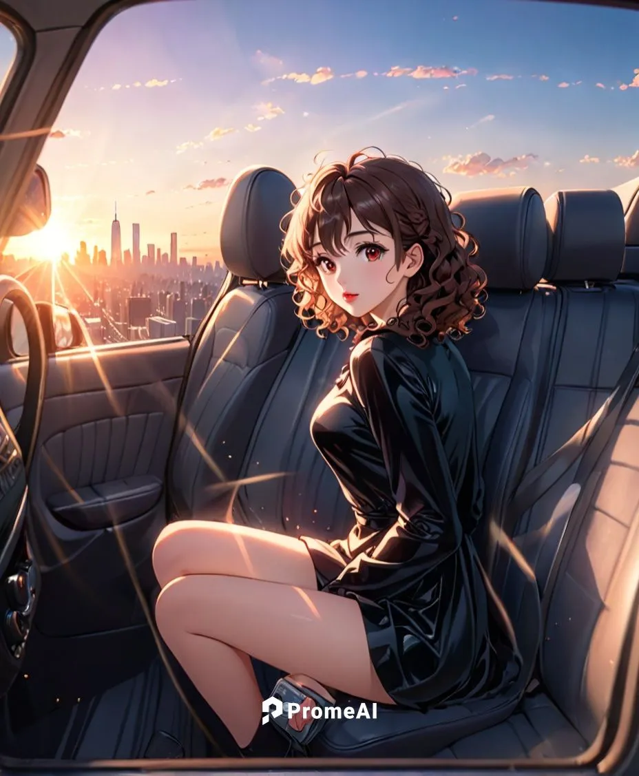 . a photography of a camera capture the full body of a beautiful caucasian girl 24 years old brown curly  hair, red lips wearing a black minidress sitting in the back seat of a luxurious car traveling