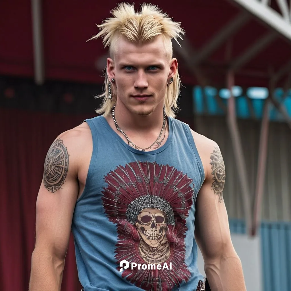 A young white man with blond hair with a tribal mullet, and blue eyes, his face covered in silver piercings. He looks friendly and he's scrawny. He's wearing a crimson tanktop and maroon jeans. His ar