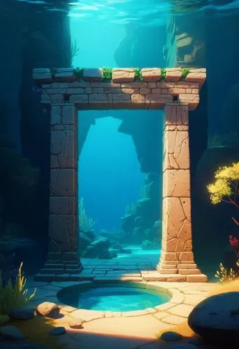 2D concept art, ancient Achaemenid magical portal made with stones, flat lighting, highly detailed,an underwater archway at the end of a pier,underwater oasis,aquarium,underwater background,atlantis,a