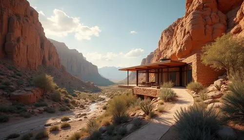 dunes house,amanresorts,desert landscape,3d rendering,teahouse,street canyon,canyon,wild west hotel,desert desert landscape,verandah,canyons,render,house in the mountains,hideaways,arid landscape,red rock canyon,3d render,verandahs,seclude,sansar,Photography,General,Realistic