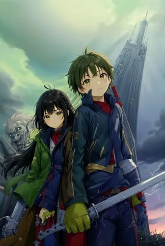 cielo verde  y al fondo una torre mecánica ,two anime guys stand in front of a large building,shinran,eguren,fafner,gunbuster,gainax,athrun,Anime,Anime,Realistic