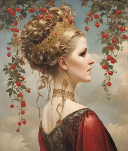 girl in a wreath,persephone,rose wreath,pomegranate,red apples,wreath of flowers,Digital Art,Impressionism