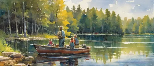 Write a heartwarming story about a family's memorable fishing trip on a tranquil lake.,fishing float,people fishing,fishermen,fisherman,fishing,fishing classes,casting (fishing),fishing camping,boat l