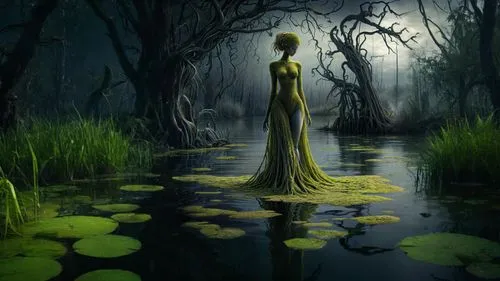 swamp,rusalka,bayou,weeping willow,nuphar,swampy landscape,fantasy picture,backwater,water nymph,dryad,elven forest,fairy forest,wetland,swamp iris,the blonde in the river,wetlands,forest of dreams,mirror of souls,the ugly swamp,haunted forest