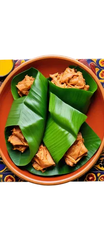 Mexican traditional dish, cochinita pibil, slow-roasted pork, marinated in citrus juice, wrapped in banana leaves, served on a clay plate, colorful ceramic tiles background, vibrant red and yellow hue