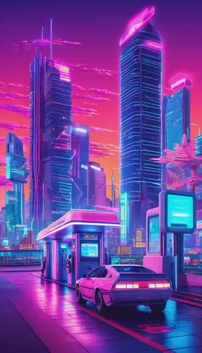 80s,cyberpunk,colorful city,futuristic landscape,cityscape,miami,80's design,futuristic,fantasy city,aesthetic,tokyo city,electric gas station,neon arrows,suburb,neon,neon lights,retro background,1980's,1980s,ultraviolet,Conceptual Art,Sci-Fi,Sci-Fi 28