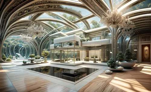 futuristic architecture,conservatory,luxury home interior,marble palace,mirror house,ornate room,futuristic art museum,luxury property,art nouveau design,glass roof,roof domes,jewelry（architecture）,3d fantasy,luxury real estate,luxury home,3d rendering,art nouveau,interior design,dandelion hall,fractal environment