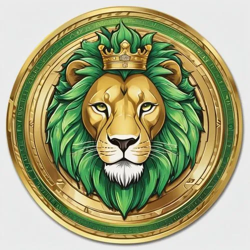 Fantasy emblem logo for gaming token depicting an anthropomorphic lion emperor (including the word "Felidur"),luxury legendary token,golden border and gold and light green tones,illustration,vibrant((