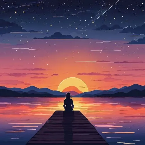 beautiful wallpaper,serene,dusk background,hd wallpaper,free background,the horizon,horizon,evening lake,landscape background,moon and star background,meditative,distant,tranquil,meditation,dusk,silhouette art,to be alone,calming,digital art,art background,Illustration,Japanese style,Japanese Style 06