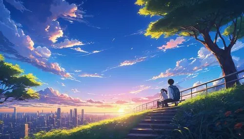 violet evergarden,sky,dream world,above the city,summer sky,evening atmosphere,studio ghibli,romantic scene,landscape background,summer evening,sky apartment,horizon,atmosphere,the horizon,sunset,would a background,idyll,daybreak,idyllic,beauty scene,Illustration,American Style,American Style 01