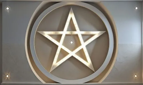 Gypsum decoration in the ceiling of a room with hidden LED lighting the ceiling,a circular metal pentagramil and star on display,christ star,star of david,tetragrammaton,pentacle,circular star shield,