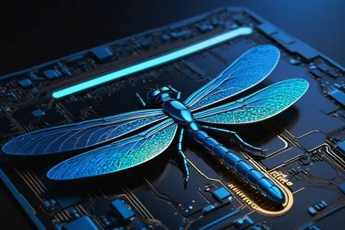 Dragonfly AI logo, metallic blue, futuristic design, modern font, stylized letter "A" and "I", interlocking gears, circuit board pattern, neon glow, 3D rendering, chrome finish, reflective surface, su