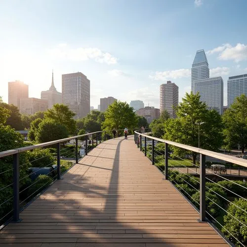 Curved pedestrian bridge, sleek metal railings, wooden decking, vibrant greenery, urban skyline, sunny day, soft warm lighting, shallow depth of field, 3/4 composition, panoramic view, realistic textu