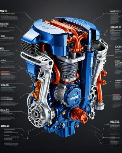 an industrial design sketch of a beautiful Maserati Nettuno 3.0 (V6 T, 630 CV) engine (construction plan),  alien advanced concept model, futuristic style with all the data related to its construction