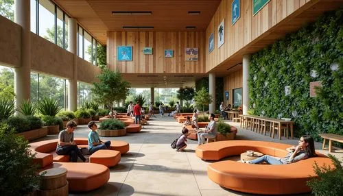 Vibrant student lounge, earthy tones, natural materials, reclaimed wood accents, living green walls, curved organic lines, flowing spaces, abundant natural light, warm soft furnishings, cozy seating a