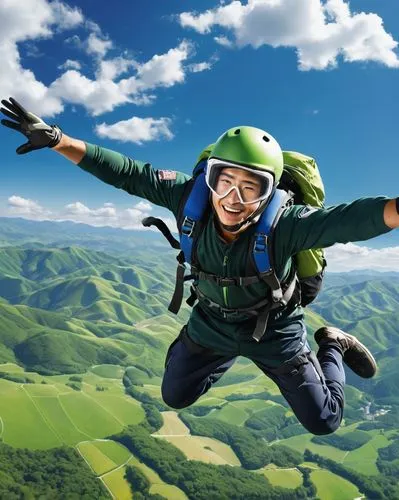 Male, athletic build, helmet, goggles, oxygen mask, jumpsuit, backpack parachute, gloves, strong facial features, smiling, blue sky, few white clouds, green landscape, rolling hills, vast open space, 