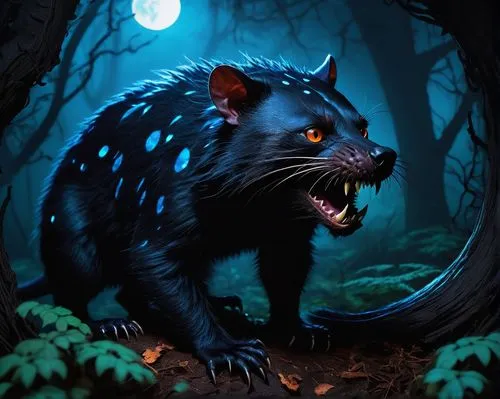 Bioluminescent Tasmanian devil, nocturnal, glowing blue spots on its back, fluffy fur, sharp teeth, horns, evil eyes, claws, demonic wings, dark misty atmosphere, eerie forest, twisted vines, glowing 