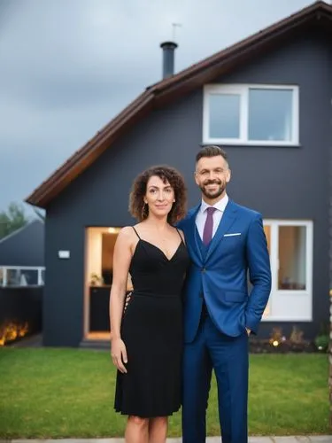 Mr. and Mrs. Maurer in front of their German single-family home bungalow in the city.,a man and woman in formal wear posing outside a house,estate agent,homebuyers,real estate agent,house sales,inmobi