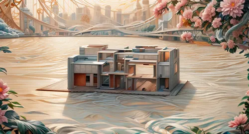 cube stilt houses,virtual landscape,fractal environment,habitat 67,artificial island,art deco background,cube background,futuristic landscape,3d fantasy,concrete plant,artificial islands,oasis,egyptian temple,cube sea,utopian,world digital painting,mechanical puzzle,surrealism,escher,floating islands