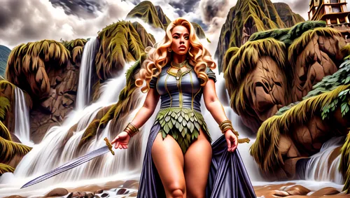 fantasy picture,fantasy art,celtic queen,the blonde in the river,fantasy woman,background ivy,world digital painting,mother nature,the enchantress,dryad,mother earth,water fall,cybele,greek myth,sorce