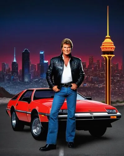 Knight Rider, David Hasselhoff, 80s iconic TV series, Michael Knight, solo, charismatic smile, blonde hair, blue eyes, leather jacket, denim jeans, black boots, Baywatch red swimsuit, sunglasses, micr