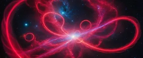 interconnected, forming a mesmerizing frenzied yet cosmic scene. The microscopic creature is surrounded by a vast, infinite expanse of red around it, while the universe itself is nimble and endless. T