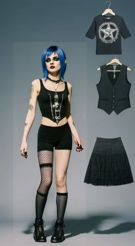 Paper doll 2d cartoon punk blue haired girl in black sleeveless shirt , black spandex shorts, complete full length fishnet and black punk knee Boots, standing surrounded by with a set of punk fashion 