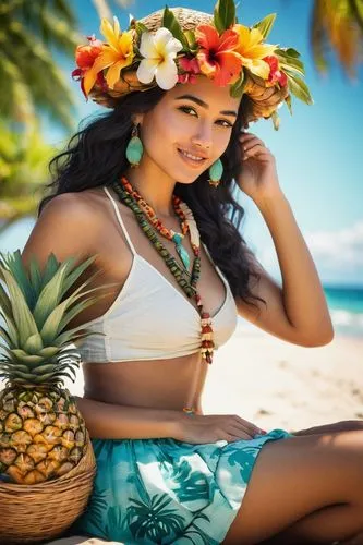 Hawaiian girl, unelanuhi, flower crown, hibiscus flowers, coconut bra, tropical island, sunny day, warm light, beachside, palm trees swaying, crystal clear turquoise water, sailboat in distance, relax