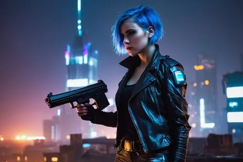 Cyberpunk girl, futuristic warrior, solo, (20yo), short blue hair, glowing blue eyes, metallic silver armor, black leather jacket, torn jeans, combat boots, holding a laser gun, standing in a ruined c