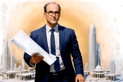 Middle-aged, male architect, bespectacled, balding, wearing a suit, white shirt, black tie, holding a blueprint, standing in a circle of architectural models, modern minimalist background, warm lighti