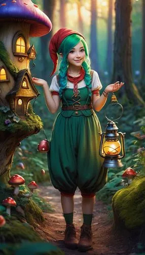 Female gnome, solo, (30yo), pointed ears, nose ring, colorful tattoos on arms and legs, green hair, freckles, mischievous smile, holding a small lantern, standing in a whimsical forest, mushroom house