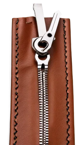 Zip picture, frontal view, detailed zipper, metal teeth, leather background, brown color, old-fashioned design, intricate texture, shallow depth of field, warm lighting, close-up shot, high-contrast t